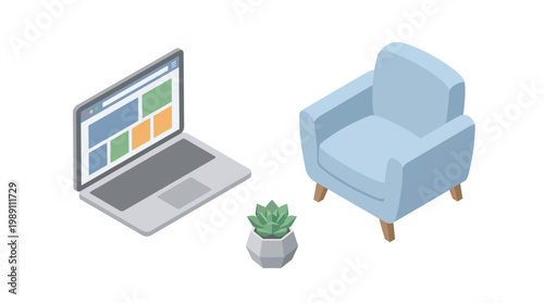 Isometric illustration of laptop chair and succulent on white background