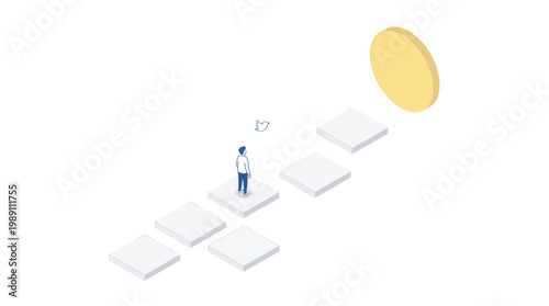 Isometric illustration of a person ascending to reach a goal conceptual representation