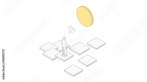 Conceptual illustration of person observing coin and bird against a minimalist background
