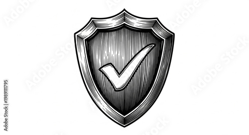 Wooden Shield with Check Mark Symbol Illustration.