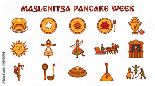 Maslenitsa Pancake Week Icons: Sun, Snow Maiden, Samovar, Sleigh
