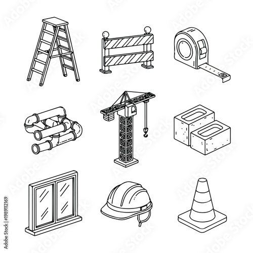 A collection of nine hand-drawn, black and white construction icons, including a ladder, crane, hard hat, and tape measure, on a white background.