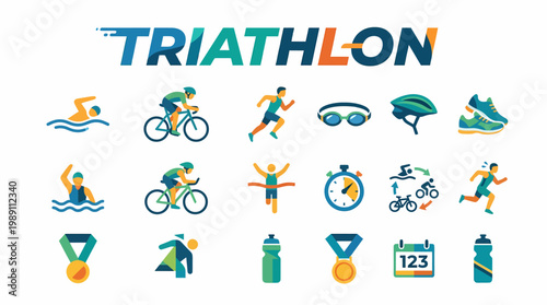 Triathlon Sport Icons: Swim, Bike, Run, Medal, Calendar