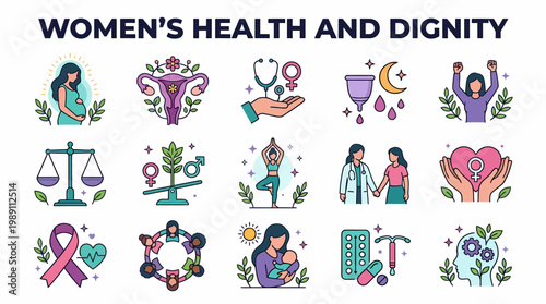 Women's Health and Dignity Icons: Pregnancy, Menstruation, Yoga, Care