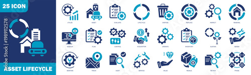 Asset Lifecycle Icon Set Collection In Flat Blue Style. Icon Set Consist Of Asset, Lifecycle, Track, Value, Phase, Service, Plan, Control, Maintain, Operate And More.