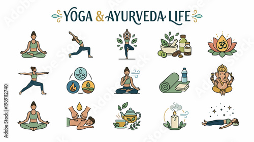 Yoga, Ayurveda, Wellness Icons: Meditation, Massage, Healthy Lifestyle