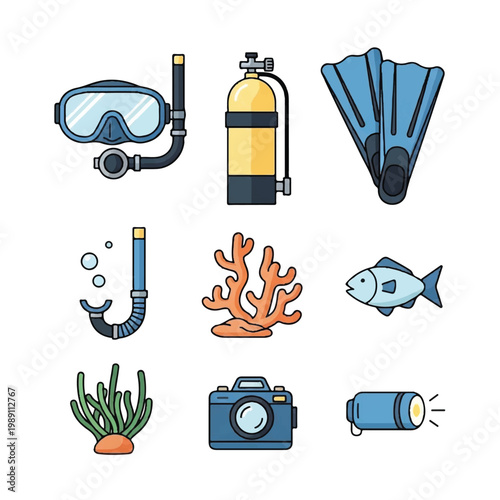 Collection of scuba diving equipment and underwater elements.