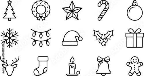Christmas holiday web icons in line style. Tree, gift, snowflake, decoration, winter festival, editable stroke, outline icon collection. Vector illustration.