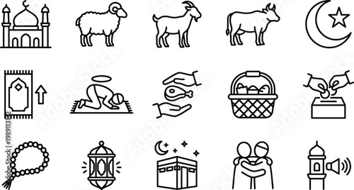 Eid ul Adha Islamic web icons in line style. Goat, sheep, cow, mosque, prayer, charity, celebration, editable stroke, outline icon collection. Vector illustration.