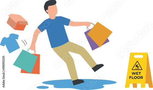 Man slips on wet floor with colorful shopping bags falling around him