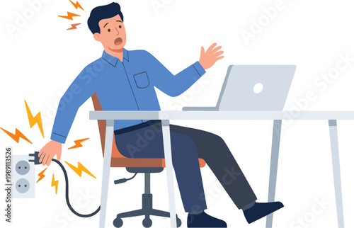 Man shocked by electric current while working on laptop at desk