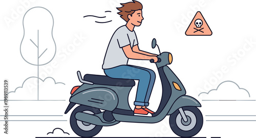 Man rides scooter down road with warning sign nearby quickly