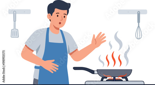 Man in apron cooking in kitchen with pan on stove