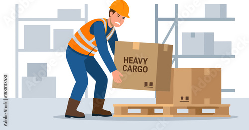 A worker in a warehouse lifting a heavy cargo box onto a pallet.