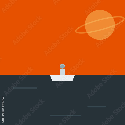 A small boat floating in the ocean with a large orange sky