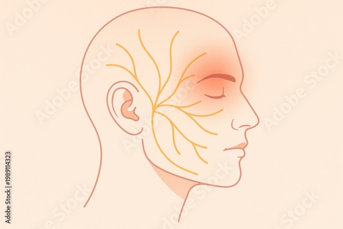 Medical illustration of facial anatomy highlighting trigeminal nerve and its pathways. diagram showing glowing pain and neuralgia around eye and temple zone