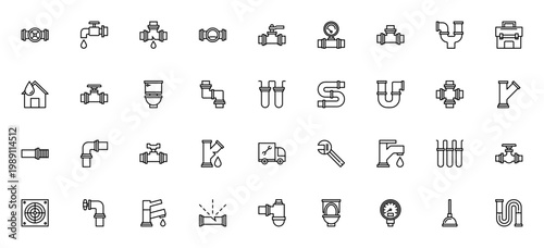 Plumber tools icon set. Vector illustration of plumbing, pipe, valve, faucet, leak, wrench, toilet, filter, toolbox and more. Editable stroke.