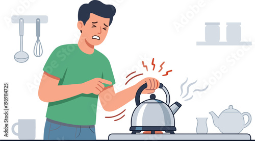 Man burns hand on hot kettle in modern kitchen setting quickly