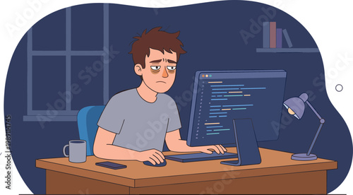 A man works on a computer at a desk in a room.