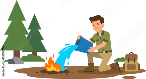 Man extinguishes campfire with water in forest