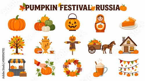 Autumn Harvest Pumpkin Festival Russia Icons Set