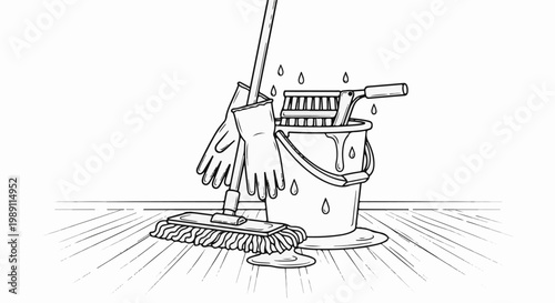 Cleaning supplies including a mop, bucket, gloves, and brush are depicted on a wooden floor