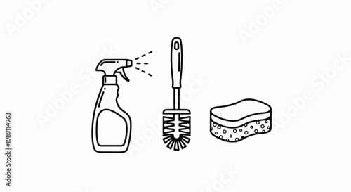 Cleaning supplies spray bottle, brush, and sponge for tidiness