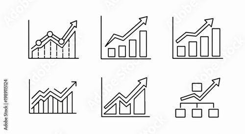 Collection of six line art icons depicting upward trending graphs and charts
