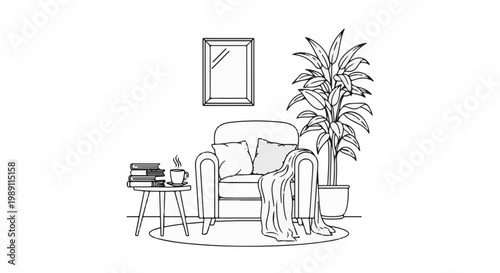 Cozy reading nook with armchair, books, coffee, plant, and framed art