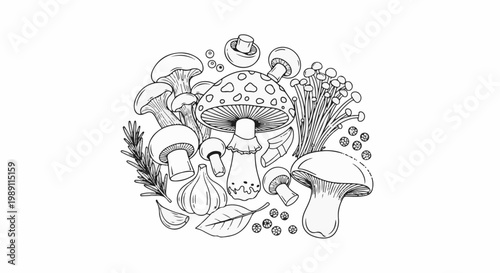 Collection of various mushrooms, garlic, rosemary and peppercorns