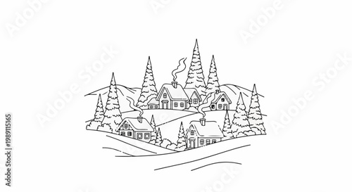 Cozy winter village with smoking chimneys nestled among snow-covered evergreen trees