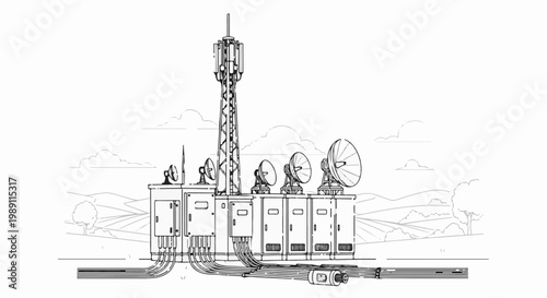 Communication tower with satellite dishes and equipment in a rural landscape