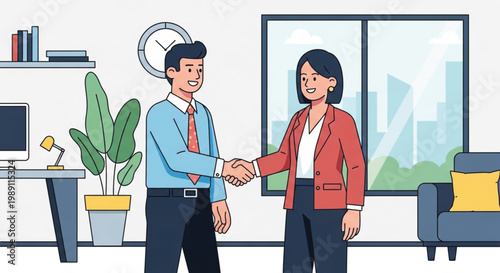 Professional cartoon illustration of a business team and manager in suits having a meeting and handshake symbolising teamwork and company work