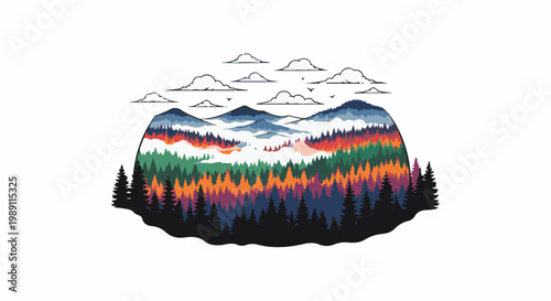 Colorful forest canopy unfolds within mountain layers under cloudy skies