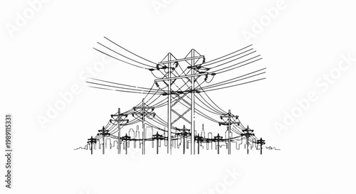 Complex electrical power lines dominate the silhouette of a city skyline