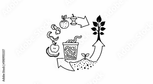 Compost cycle food waste turns into rich soil for new plant growth