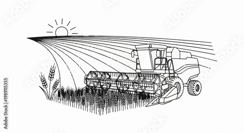 Combine harvester in a field under the sun