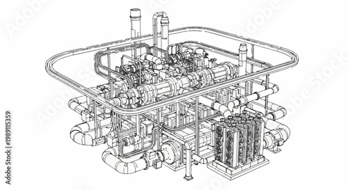 Complex industrial machinery with intricate piping, valves, and cylindrical components