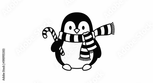 Cute cartoon penguin wearing striped scarf and holding candy cane