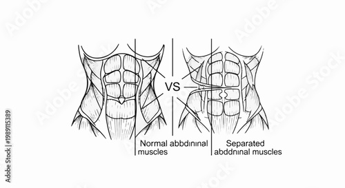 Comparison of normal and separated abdominal muscles, illustration
