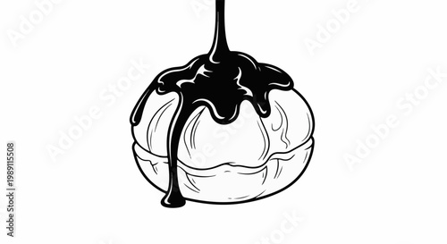 Decadent round pastry generously drizzled with dark, glossy chocolate sauce