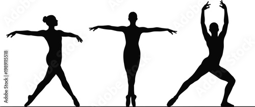 Ballet dancer silhouette set, graceful female poses in classical dance positions, artistic performance illustration isolated on white background design