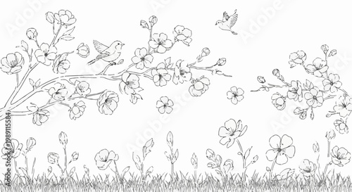 Delicate sketch of birds perched and in flight among blossoming branches and grass