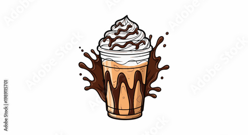 Delicious mocha frappe with whipped cream, chocolate drizzle, and splashes