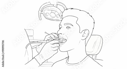 Dentist examining patient's teeth with dental tool under examination lamp