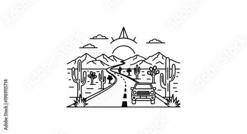 Desert highway with a car driving towards mountains and sun