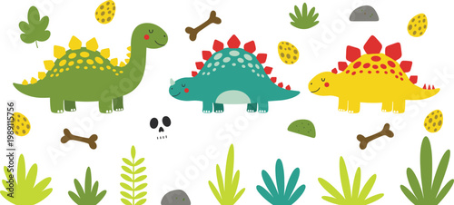 Cartoon Dinosaur Set Featuring Stegosaurus and Fossils with Bones, Rocks, and Plants for Kids’ Learning and Illustration Projects