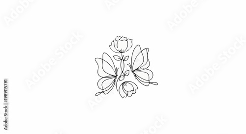 Delicate line art of a rose with two butterflies and a bud