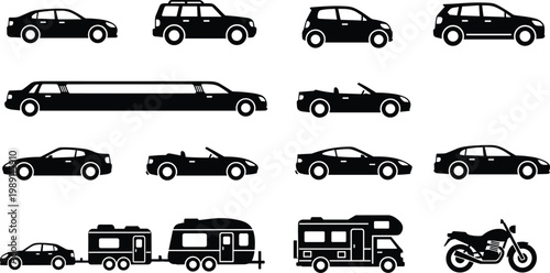 Car silhouette set, various vehicles including sedan suv limousine convertible camper and motorcycle, transport illustration isolated on white background design
