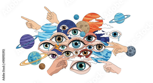 Eyes and hands in space collage.